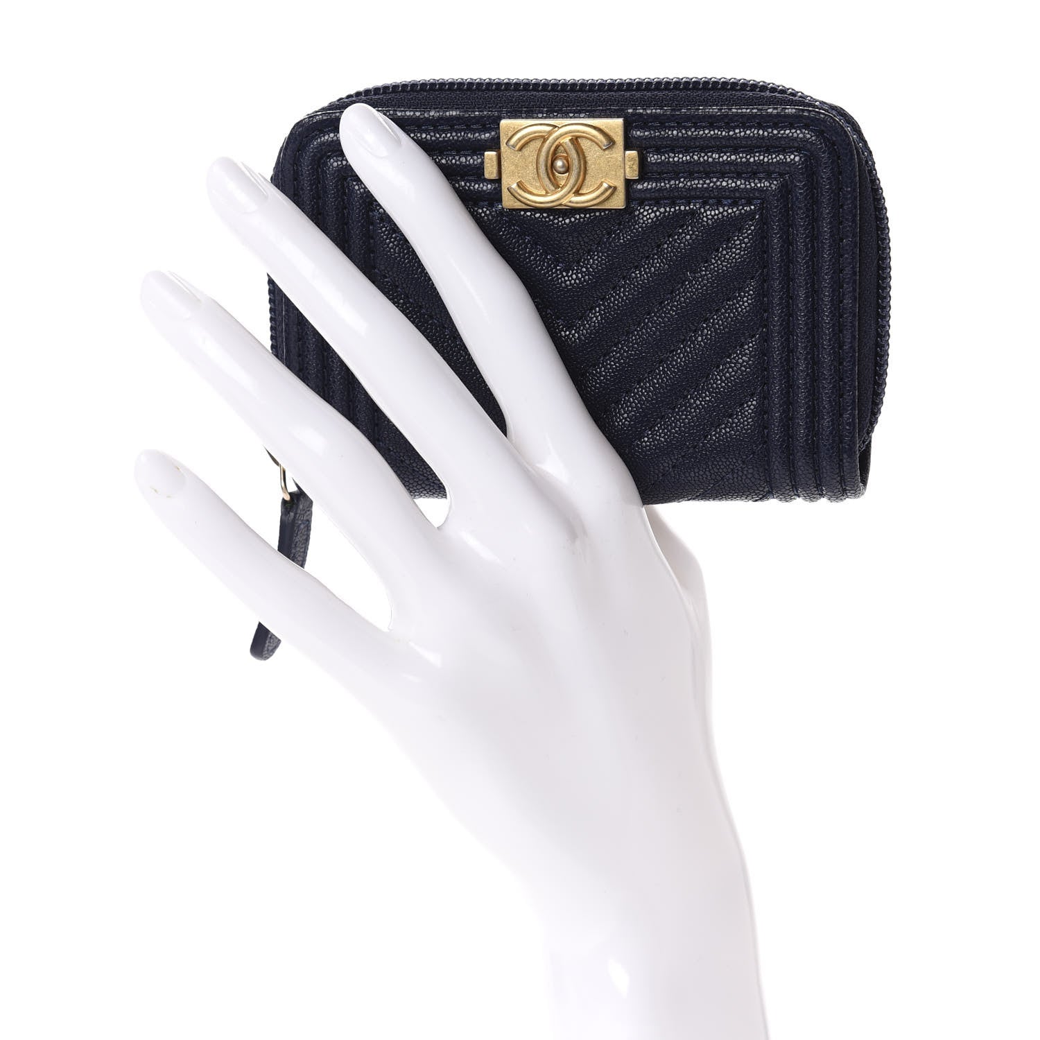 Chanel Caviar Chevron Quilted Boy Zip Around Coin Purse Wallet Navy Blue 2 of 8