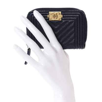 Chanel Caviar Chevron Quilted Boy Zip Around Coin Purse Wallet Navy Blue 2 of 8