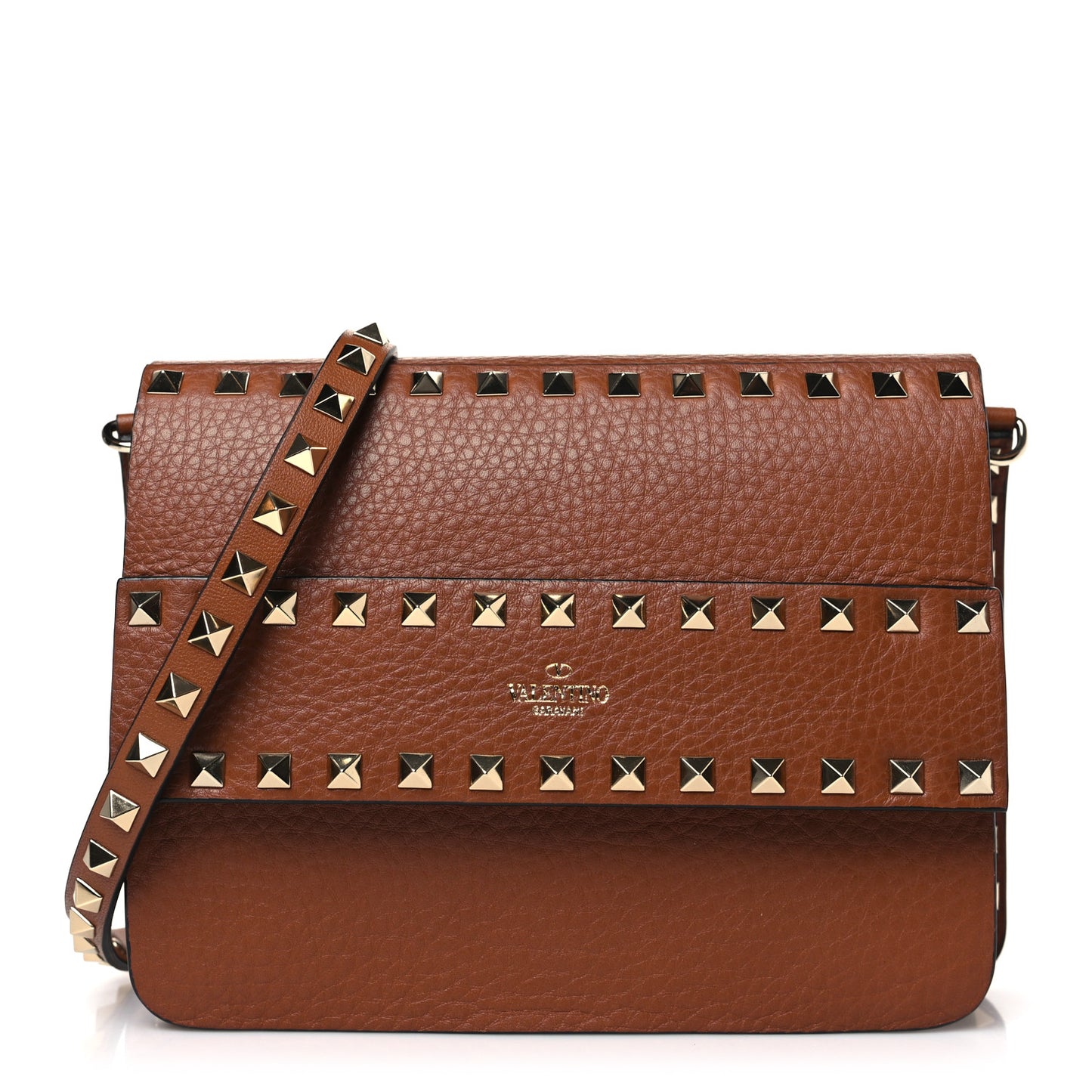 Pebbled Calfskin Rockstud Side Slip Crossbody Tan