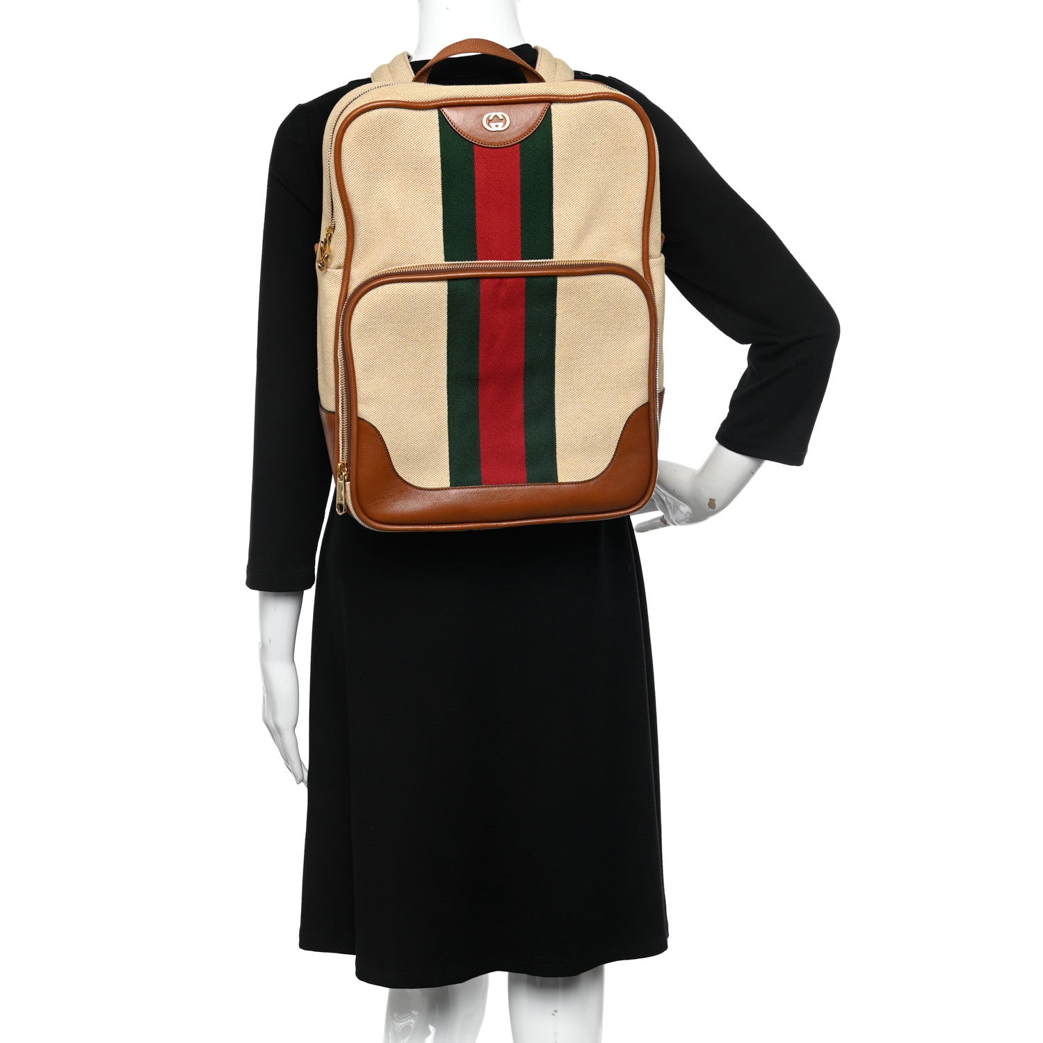 Gucci Vintage Canvas Calfskin Web Backpack Sand Light Cuir 3 of 17