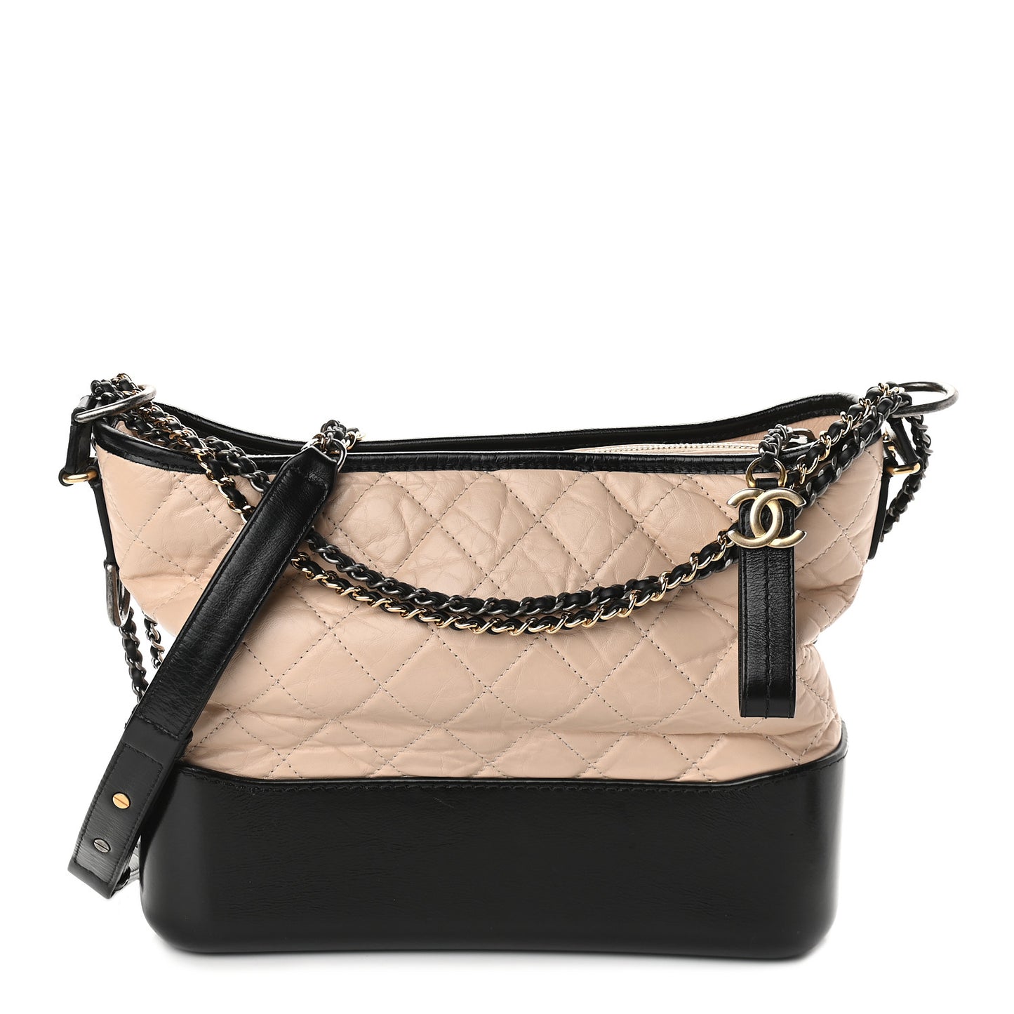 Aged Calfskin Quilted Medium Gabrielle Hobo Beige Black