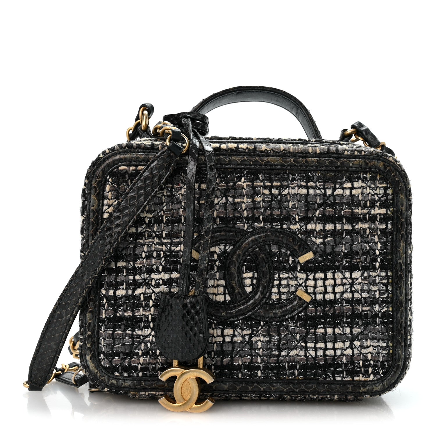Chanel Tweed Snakeskin Quilted Medium CC Filigree Vanity Case Dark Navy 1 of 14