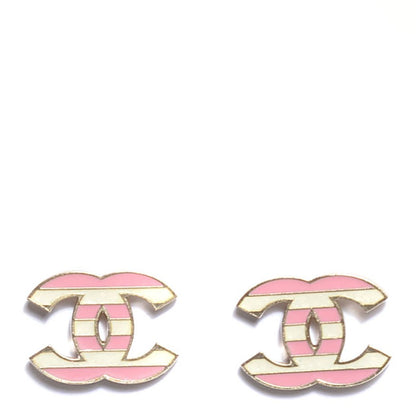 Chanel Enamel Striped CC Earrings Pink White Gold 1 of 5