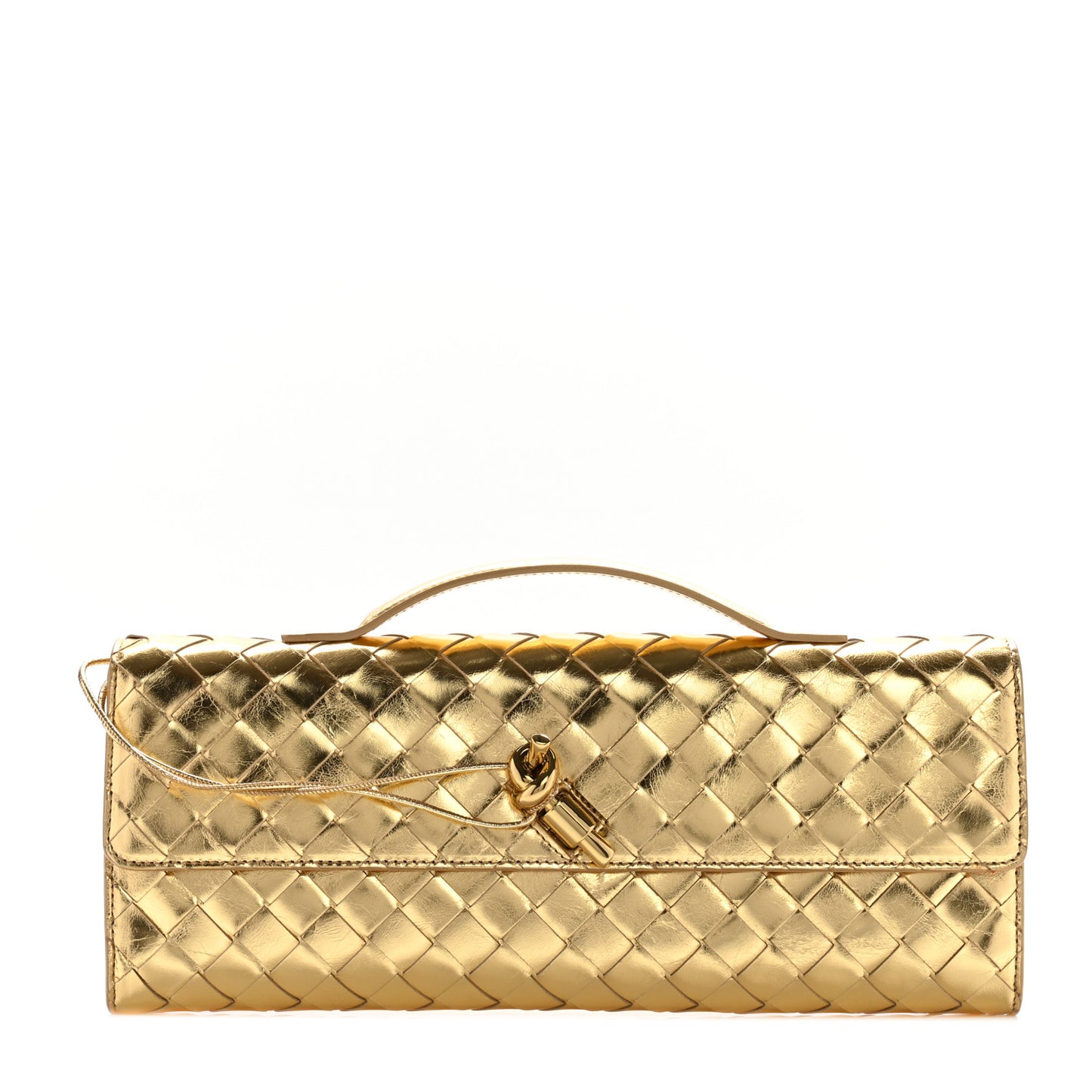 Metallic Lambskin Intrecciato Long Andiamo Top Handle Clutch Gold