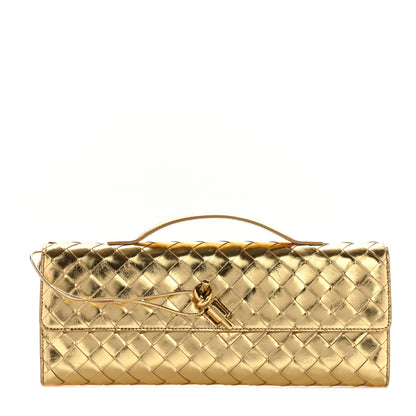 Bottega Veneta Metallic Lambskin Intrecciato Long Andiamo Top Handle Clutch Gold 1 of 13