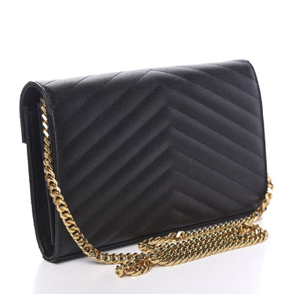Saint Laurent Grain De Poudre Matelasse Chevron Monogram Chain Wallet Black 2 of 10