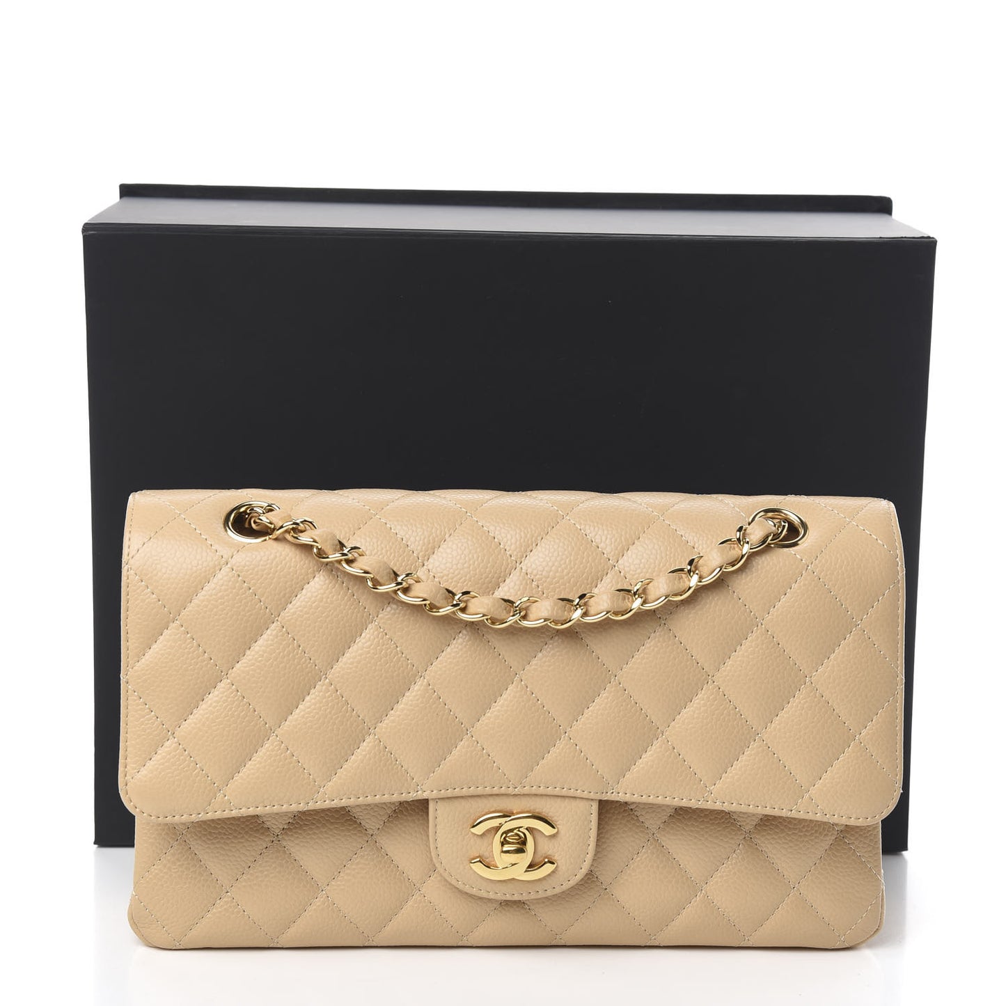 Caviar Quilted Medium Double Flap Beige