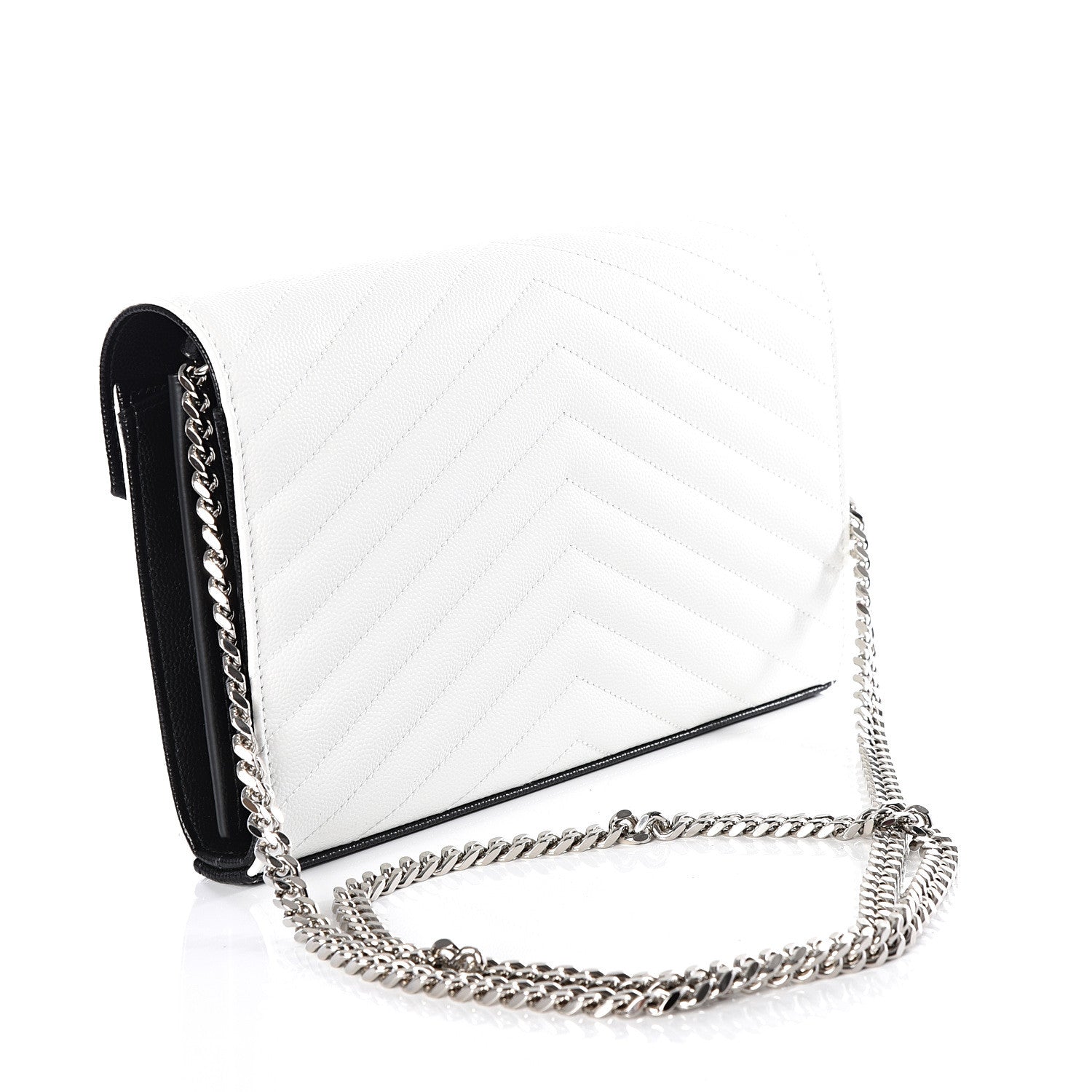 Saint Laurent Grain De Poudre Matelasse Bi-Color Chevron Monogram Chain Wallet White Black 2 of 9