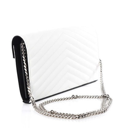Saint Laurent Grain De Poudre Matelasse Bi-Color Chevron Monogram Chain Wallet White Black 2 of 9