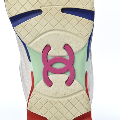 Chanel Calfskin Suede Fabric Womens CC Sneakers 38.5 White Blue Red 8 of 12
