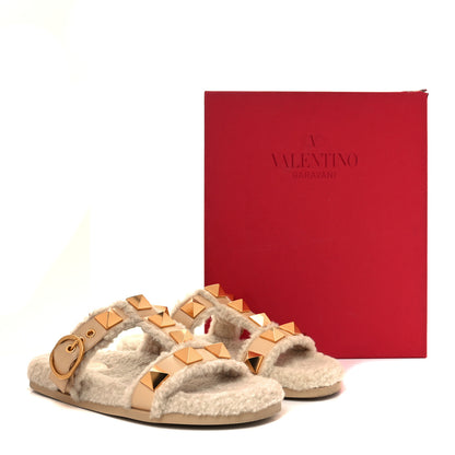 Valentino Garavani Shearling Roman Stud Slide Sandals 37 Sahara Beige 10 of 10