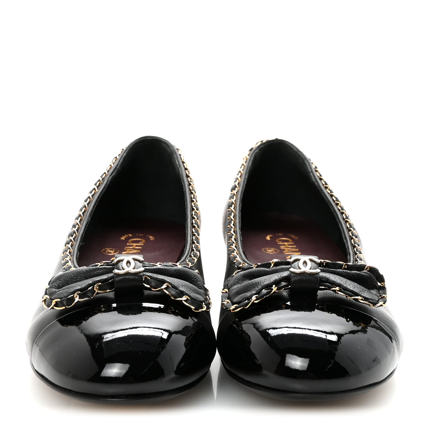 Lambskin Patent Cap Toe Chain Around Ballerina Flats 38.5 Black