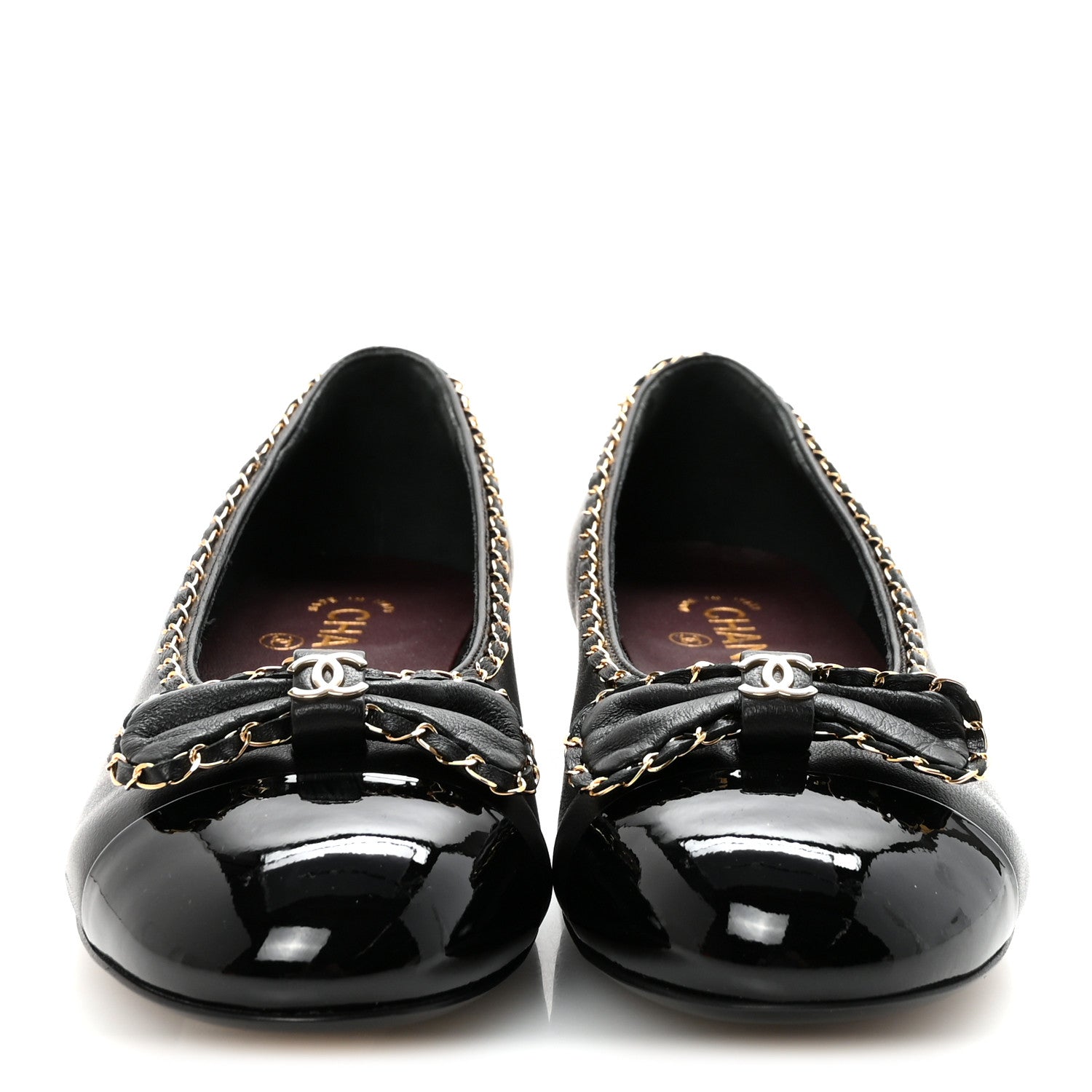 Chanel Lambskin Patent Cap Toe Chain Around Ballerina Flats 38.5 Black 3 of 11