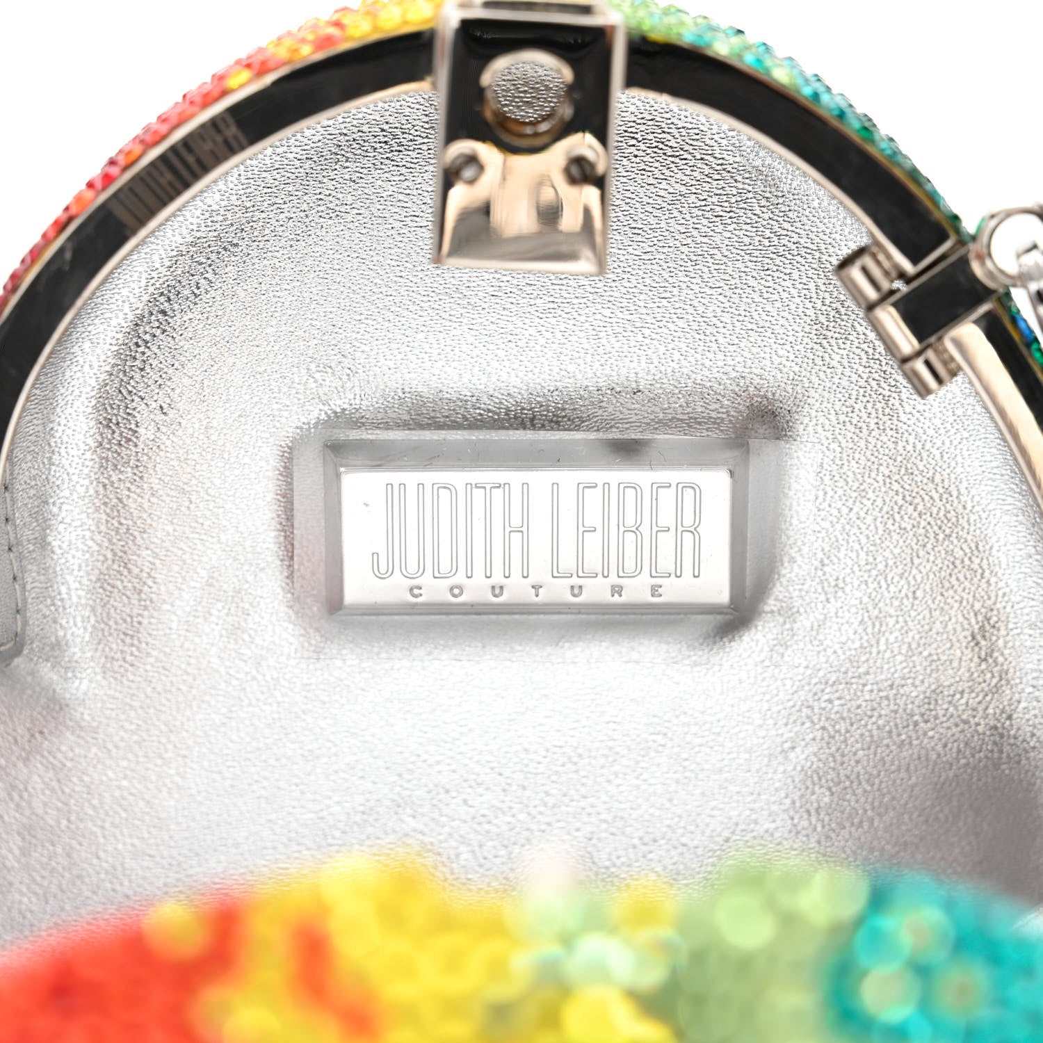 Judith Leiber Crystal Rainbow Heart Minaudiere Clutch Silver