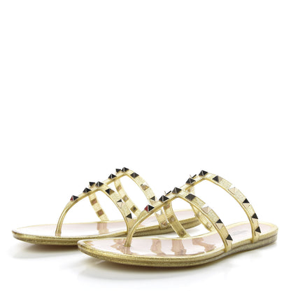 Valentino Garavani PVC Jelly Glitter Rockstud Caged Flat Thong Sandals 37 Oro 3 of 9