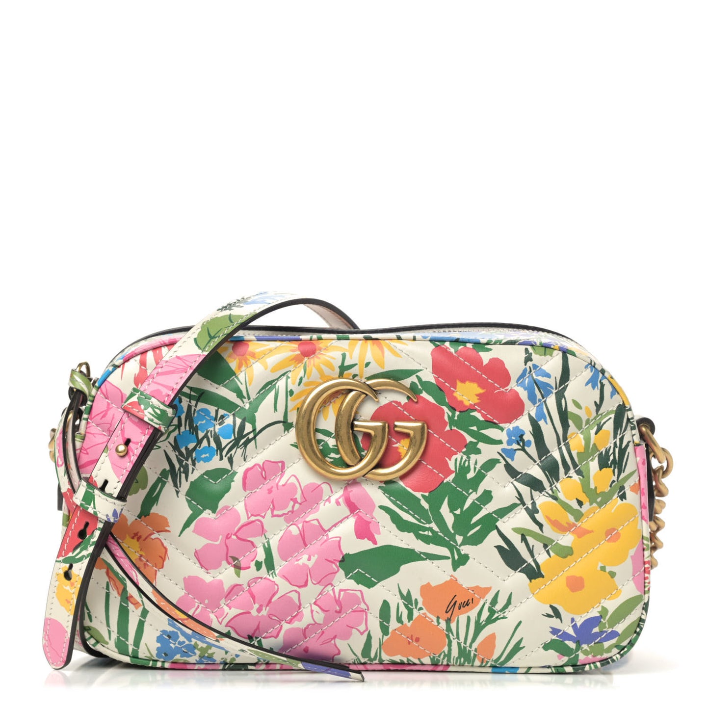 X KEN SCOTT Calfskin Matelasse Floral Print Small GG Marmont Chain Shoulder Bag Ivory Pink