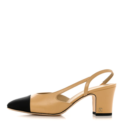 Chanel Goatskin Grosgrain Cap Toe CC Slingback Pumps 38 Beige Black 1 of 11
