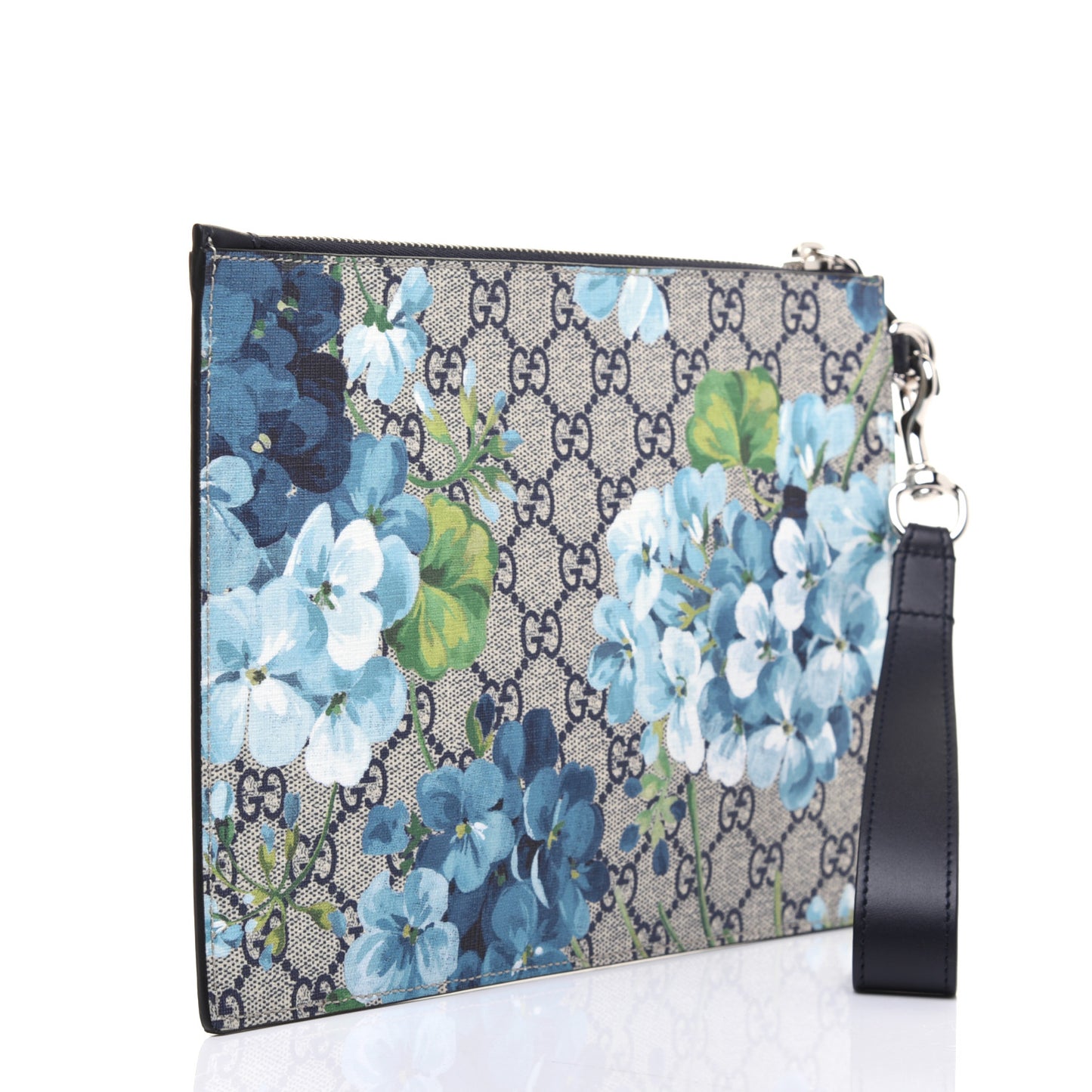 GG Supreme Monogram Blooms Small Zip Wristlet Pouch Beige Blue Black