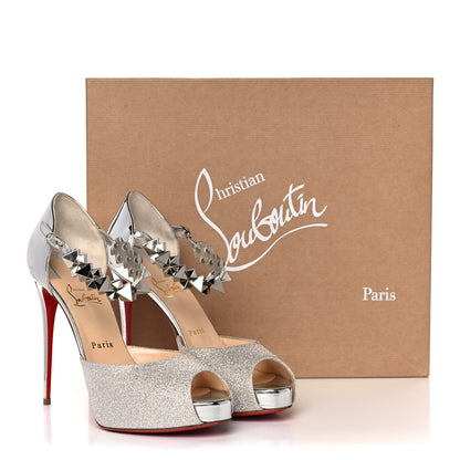 Christian Louboutin Glitter Calfskin Planisfemme 120 Peep Toe Sandals 39.5 Silver 13 of 13