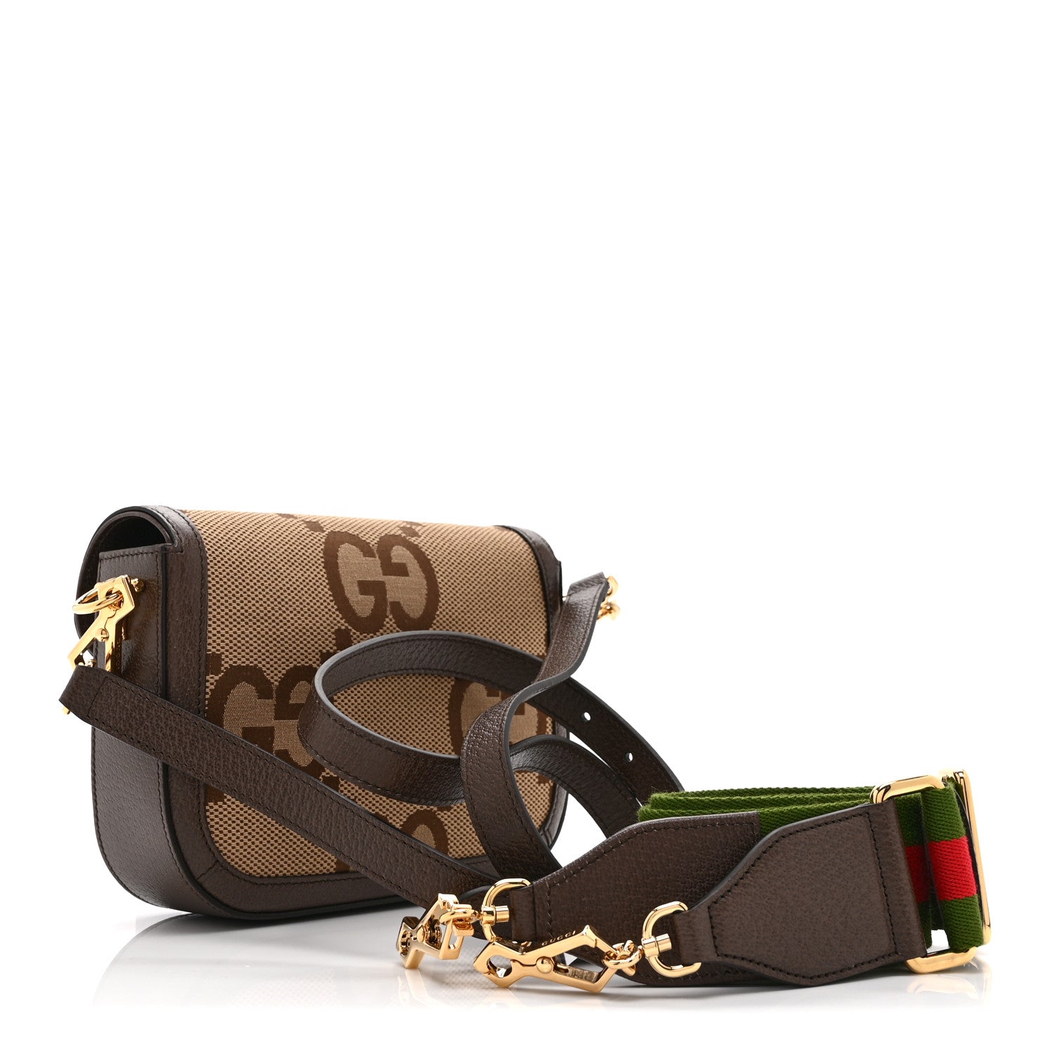 Gucci Monogram Jumbo GG Textured Dollar Calfskin Web Mini Horsebit 1955 Shoulder Bag Camel Ebony New Acero 3 of 11