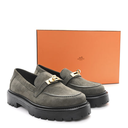 Hermes Chevre Velours Womens Icone Loafers 37 Vert Foret 10 of 10