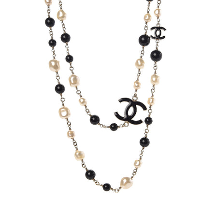 Chanel Baroque Pearl Bead Enamel CC Long Necklace Black Silver 1 of 5