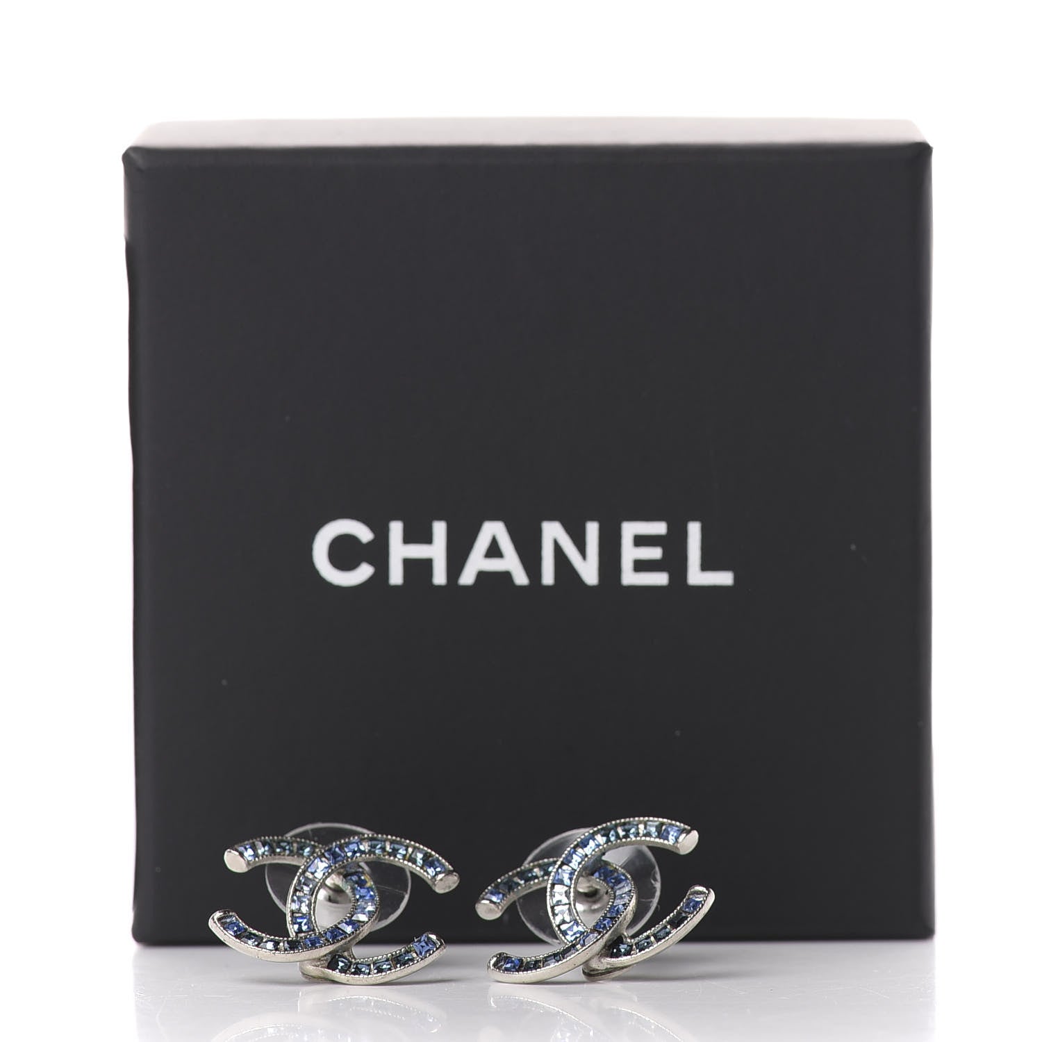 Chanel Baguette Crystal CC Earrings Silver Blue 5 of 5