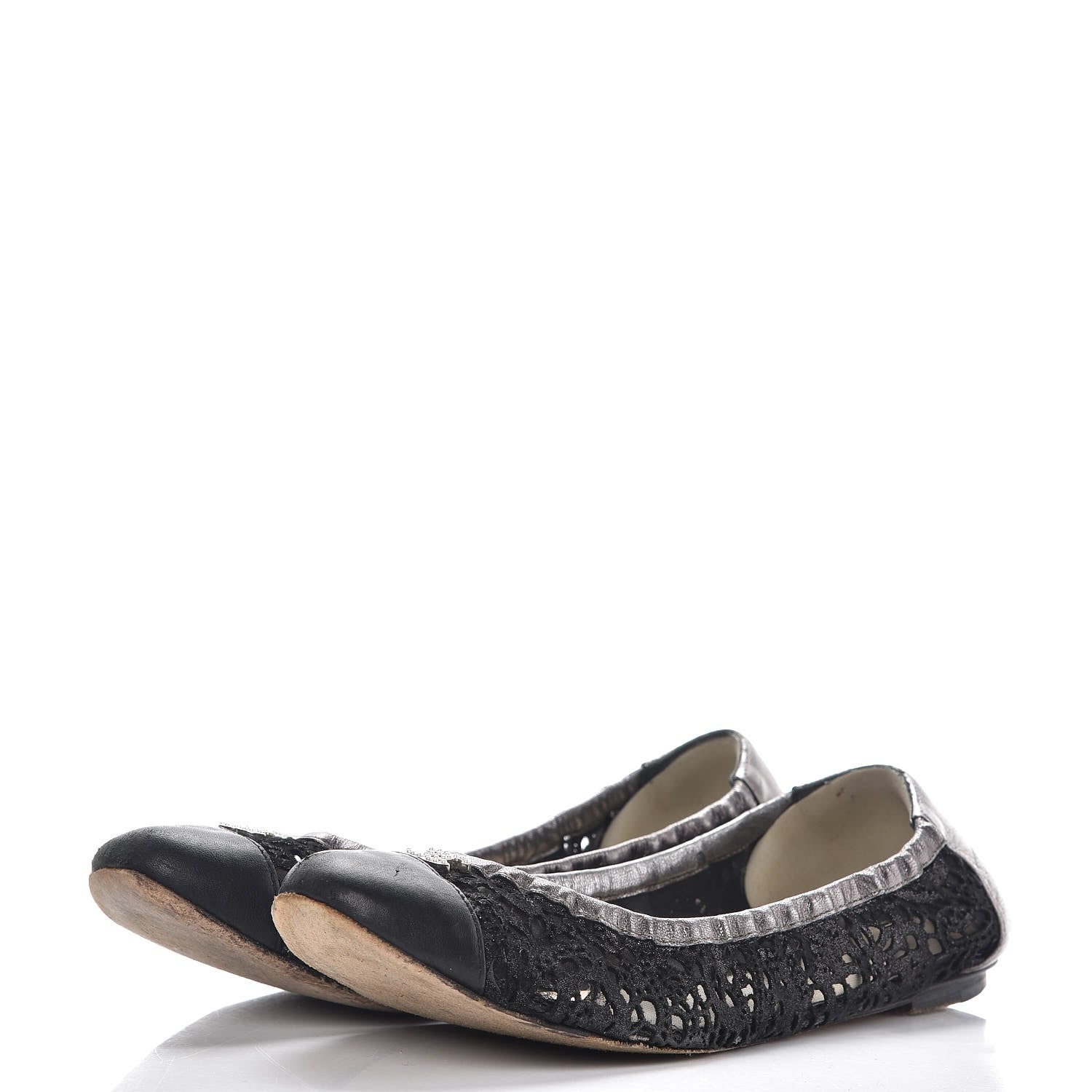 Chanel Metallic Calfskin Lace Pearl CC Cap Toe Elastic Ballerina Flats 37.5 Black 4 of 15