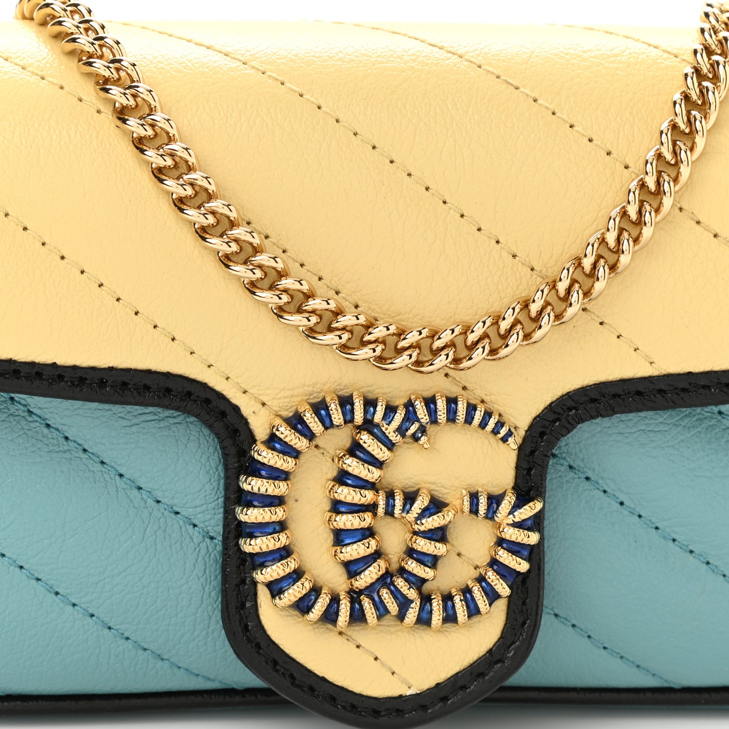 Azalea Calfskin Enamel Matelasse Diagonal Super Mini Torchon GG Marmont Shoulder Bag Butter Dusty Azure Black Electric Blue