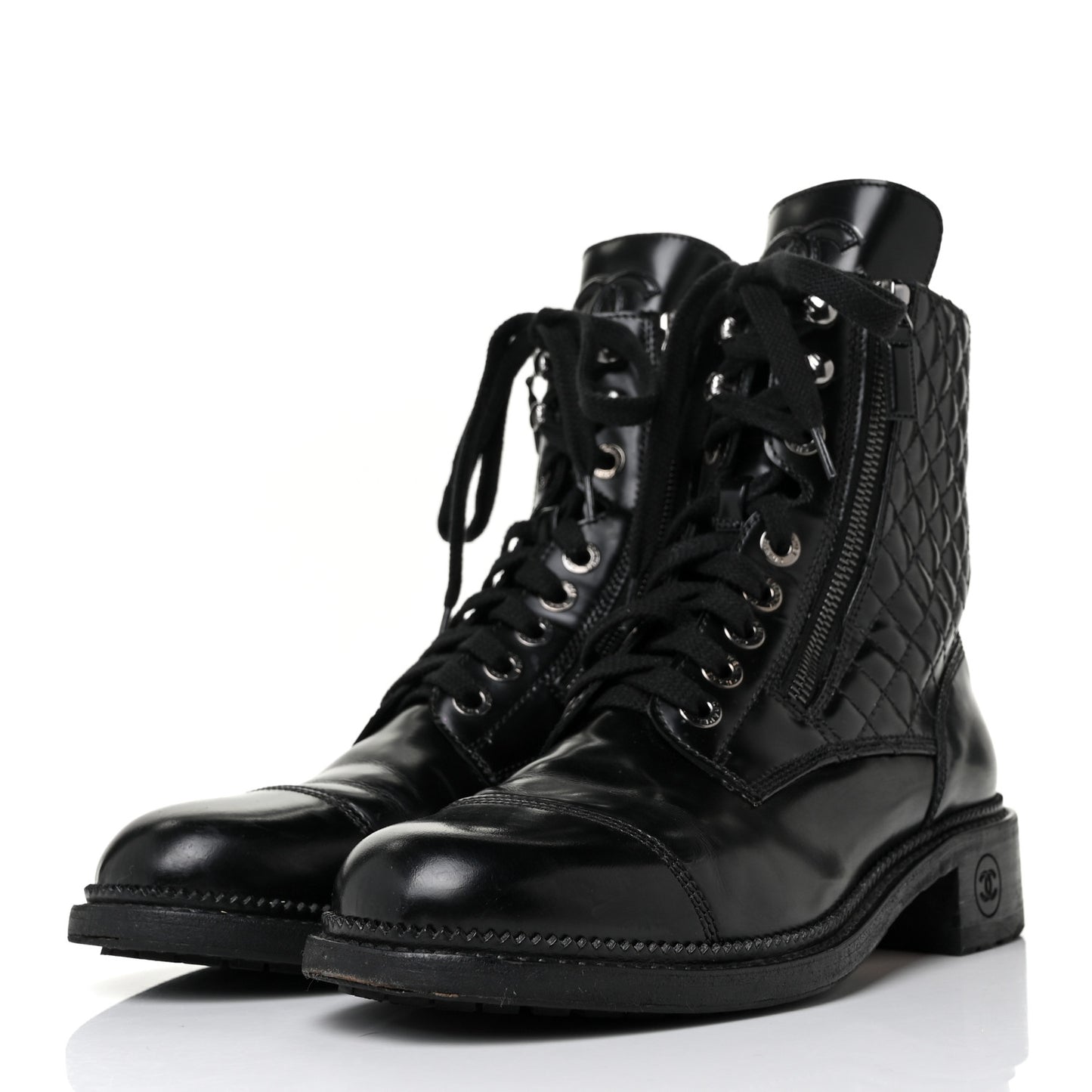 Calfskin Quilted Lace Up Combat Boots 38.5 Black