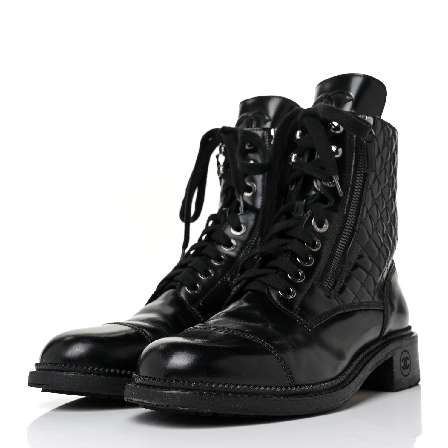 Chanel Calfskin Quilted Lace Up Combat Boots 38.5 Black 3 of 7