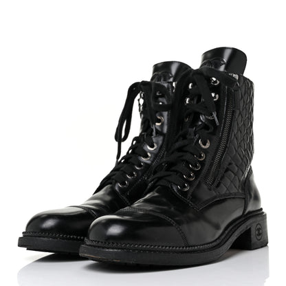 Chanel Calfskin Quilted Lace Up Combat Boots 38.5 Black 3 of 7