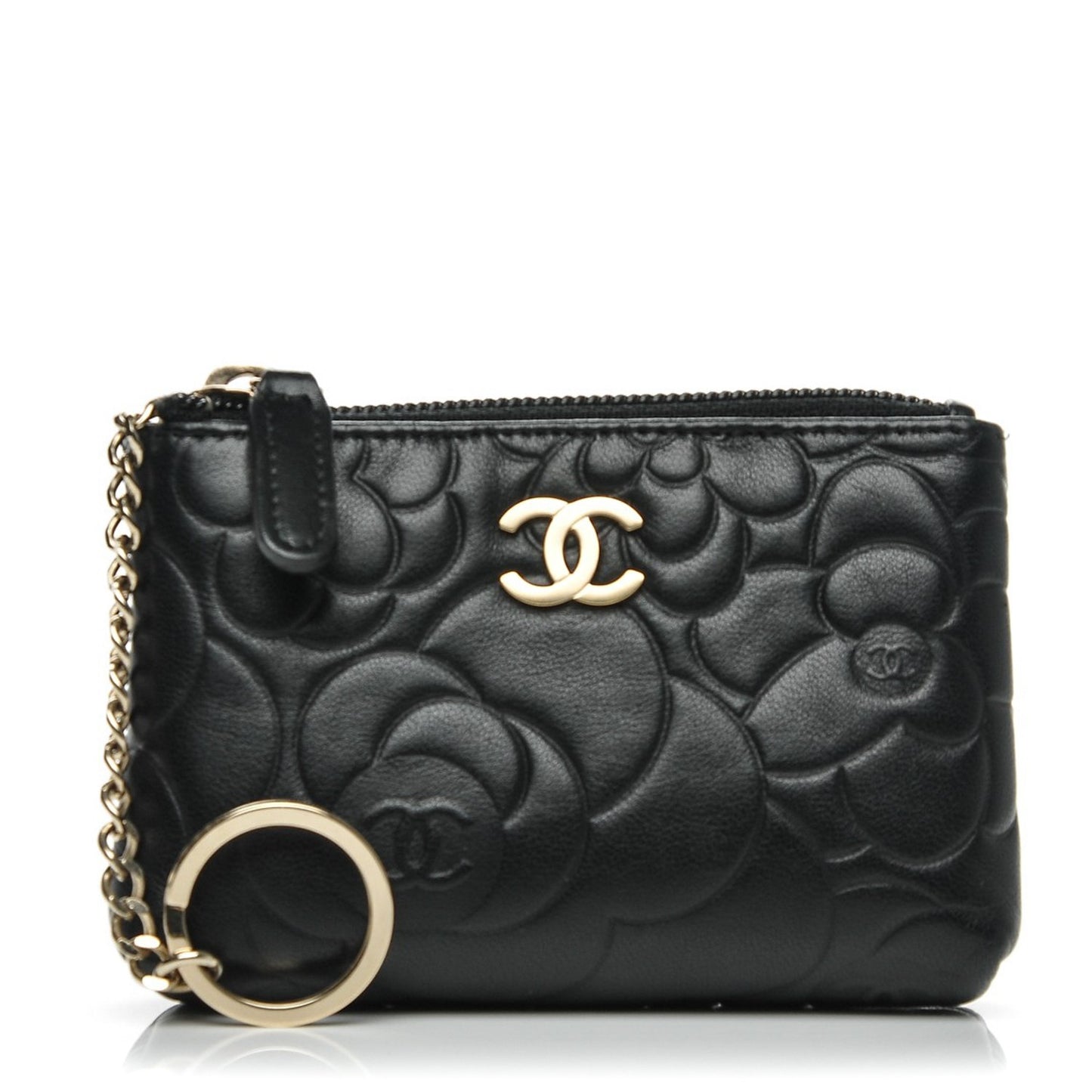 Lambskin Camellia Embossed Key Holder Case Black