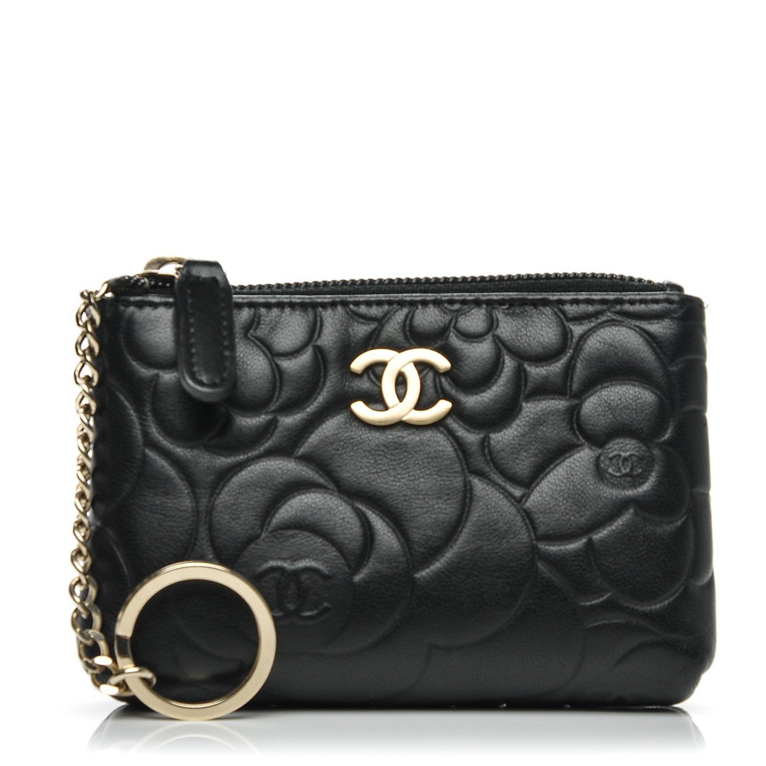 Chanel Lambskin Camellia Embossed Key Holder Case Black 1 of 7