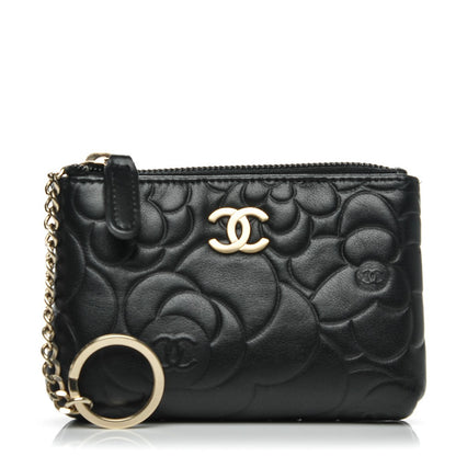 Chanel Lambskin Camellia Embossed Key Holder Case Black 1 of 7