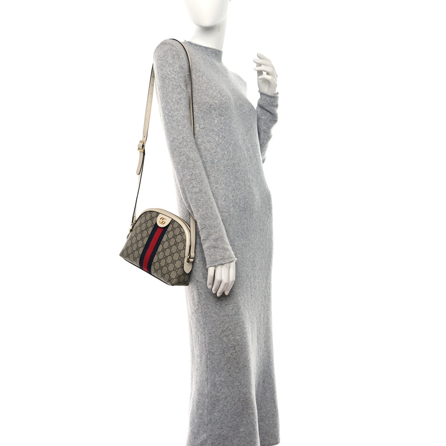 GG Supreme Monogram Textured Dollar Calfskin Web Small Ophidia Dome Shoulder Bag Beige Ebony Mystic White