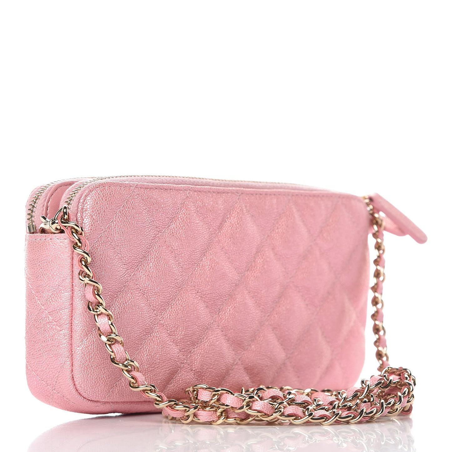Iridescent Caviar Quilted Clutch With Chain Rose
