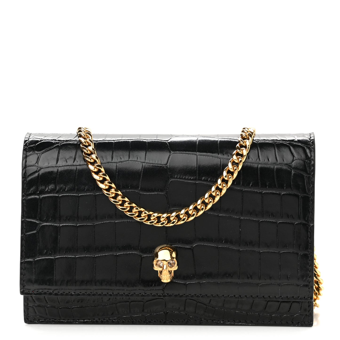 Calfskin Crocodile Embossed Skull Mini Crossbody Bag Black
