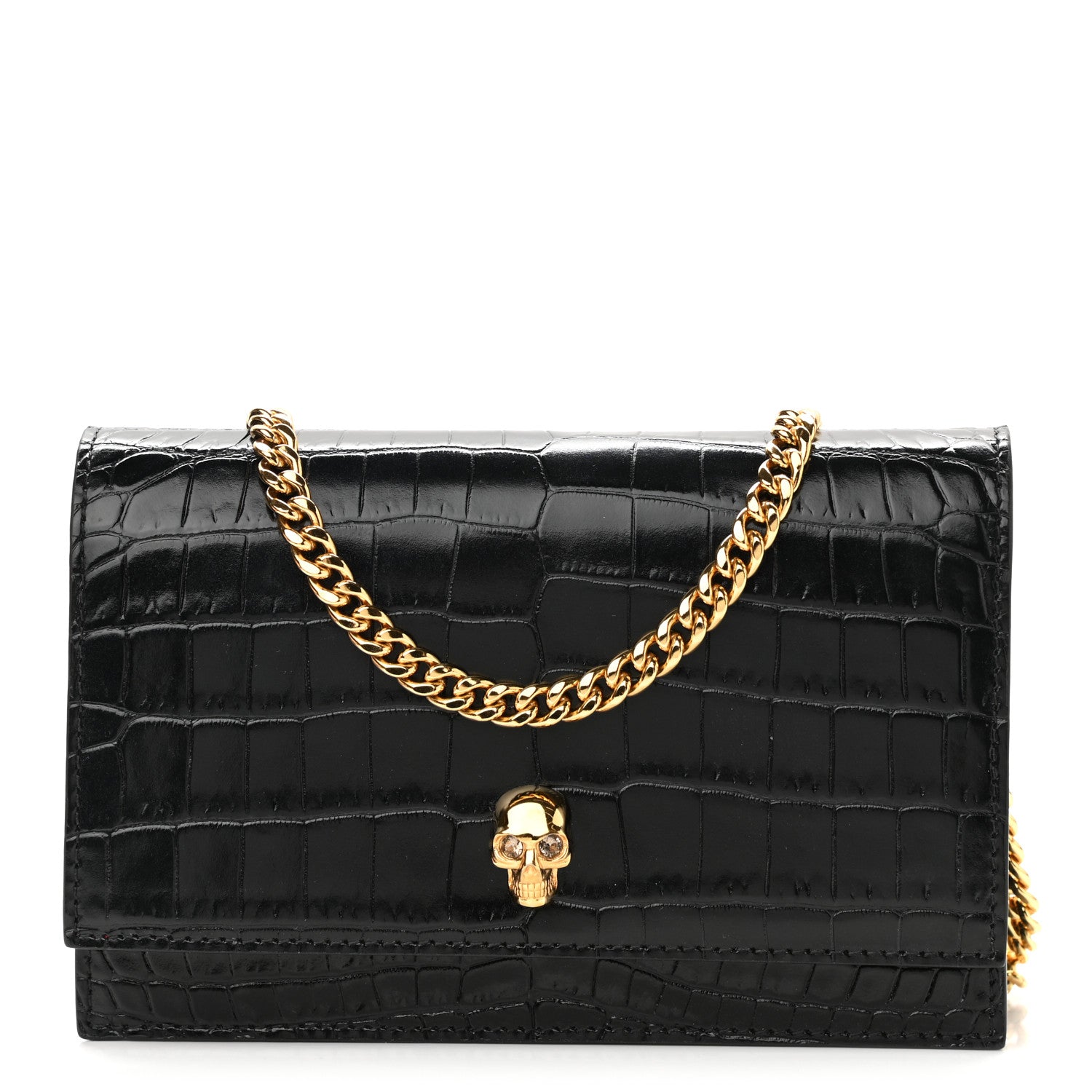 Alexander McQueen Calfskin Crocodile Embossed Skull Mini Crossbody Bag Black 1 of 9