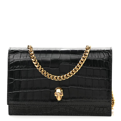 Alexander McQueen Calfskin Crocodile Embossed Skull Mini Crossbody Bag Black 1 of 9