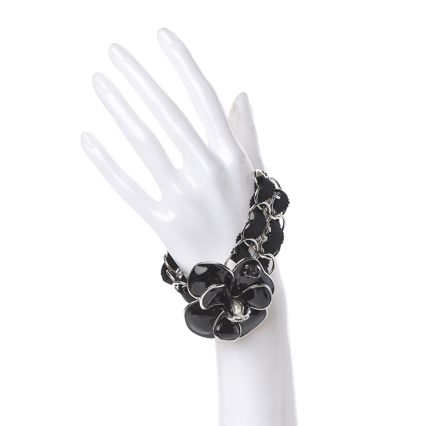 Resin Camellia Chain Ribbon Bracelet Black