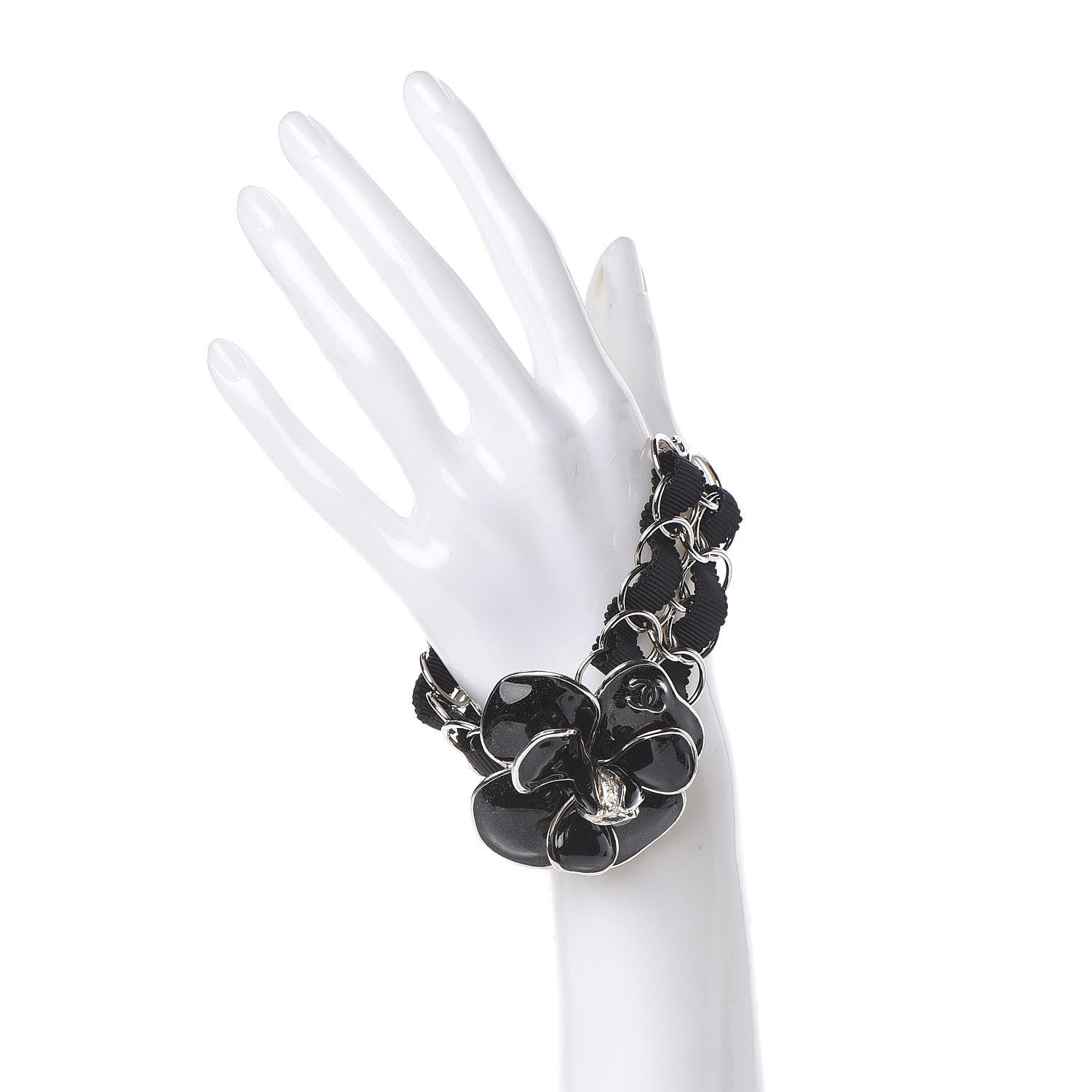 Chanel Resin Camellia Chain Ribbon Bracelet Black 2 of 5
