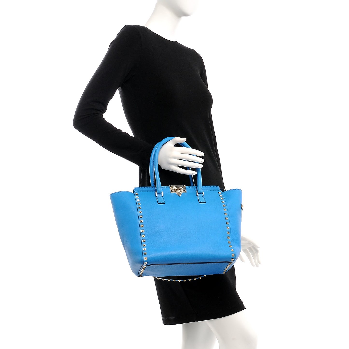 Vitello Rockstud Double Handle Tote Blue Fluo