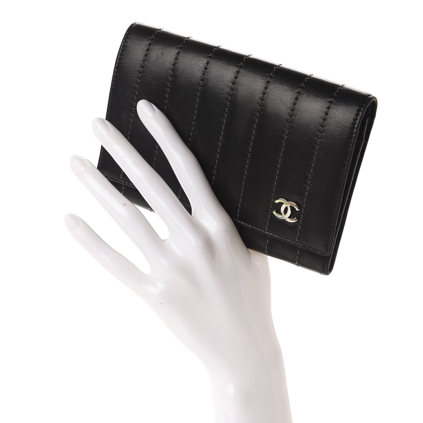 Lambskin Vertical Quilted Mademoiselle Compact Wallet Black