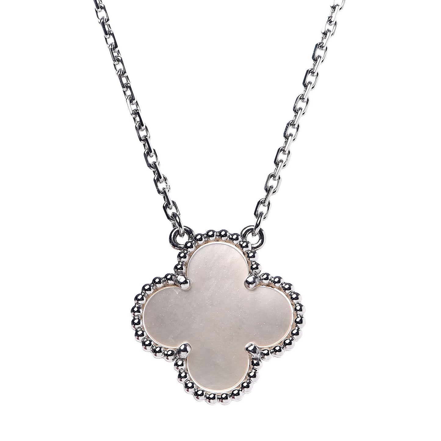 18K White Gold Mother of Pearl Vintage Alhambra Pendant Necklace