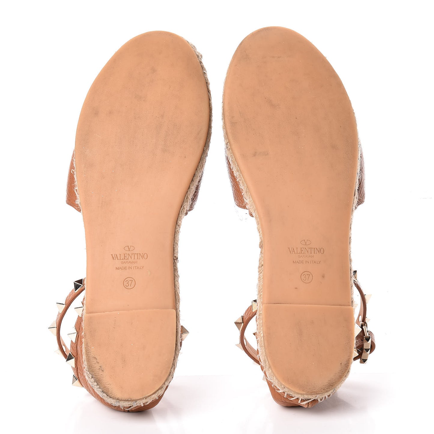 Grained Calfskin Rockstud Ankle Wrap Espadrille Flats 37 Cognac
