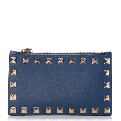 Valentino Garavani Calfskin Rockstud Coin Case Card Holder Peacock 1 of 9