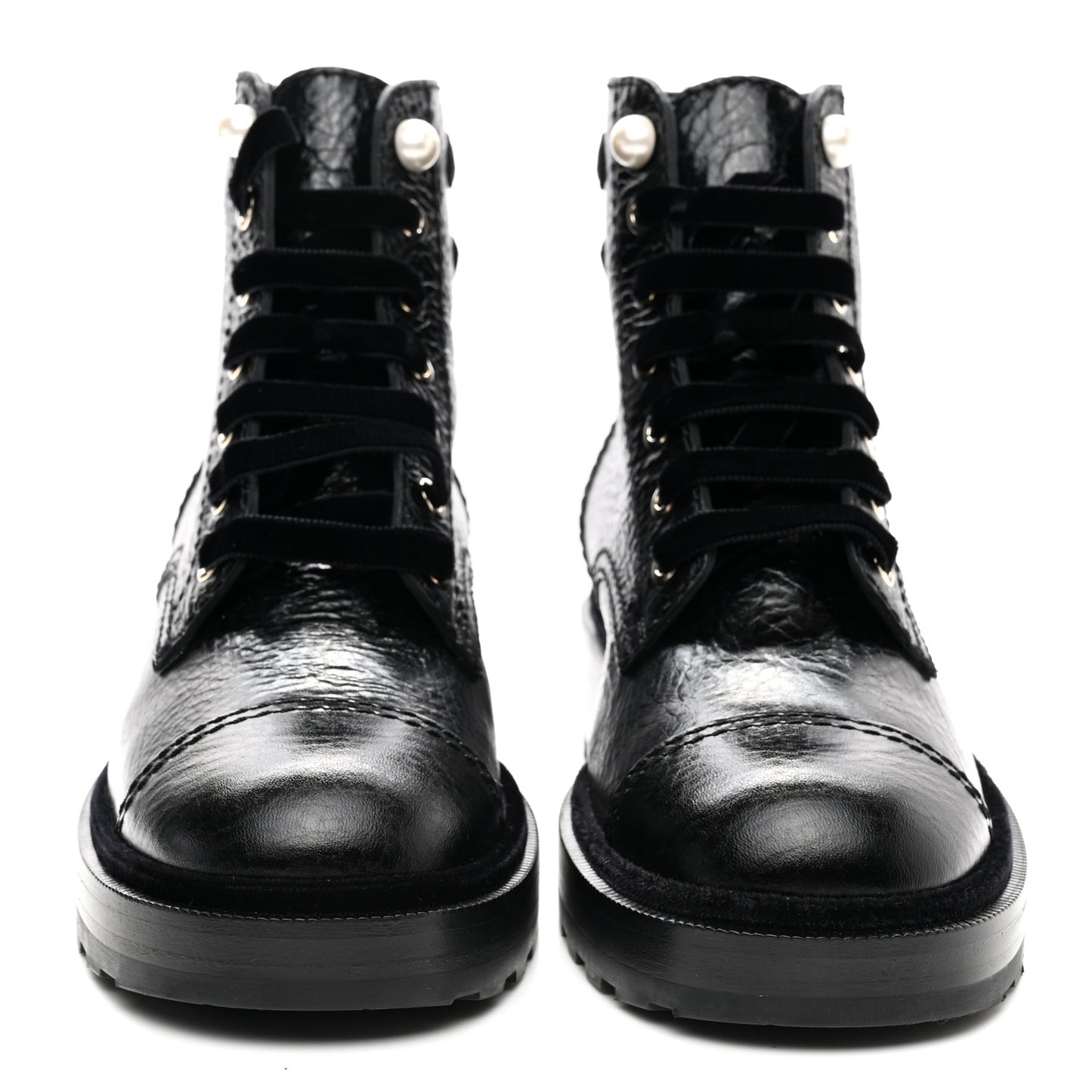 Shiny Calfskin Velvet Pearl Combat Short Boots 37.5 Black