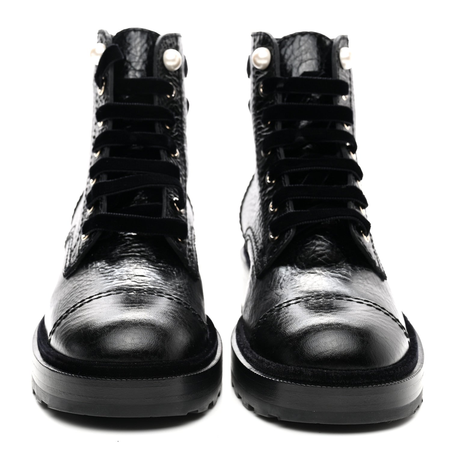 Chanel Shiny Calfskin Velvet Pearl Combat Short Boots 37.5 Black 2 of 10