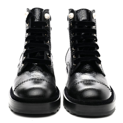 Chanel Shiny Calfskin Velvet Pearl Combat Short Boots 37.5 Black 2 of 10